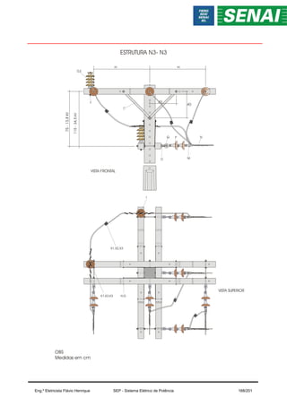 ESTRUTURA N3- N3
OBS
Medidas em cm
40
85
85
40
VISTA SUPERIOR
VISTA FRONTAL
D,E
Q
O
P N
M
H,G
F
I
K1,K2,K3
X1,X2,X3
75
-
13,8
kV
115
-
34,5
kV
Eng.º Eletricista Flávio Henrique SEP - Sistema Elétrico de Potência 168/201
 