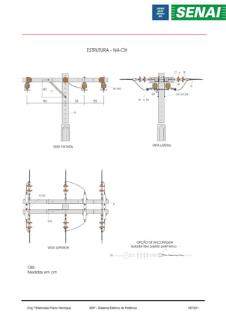 ESTRUTURA - N4-CH
OBS
Medidas em cm
40
35
90 55
VISTA SUPERIOR
VISTA FRONTAL VISTA LATERAL
G2,G3,G4
A
O P
Q
N
M
K1,K2
H,G
B
X1 a X4
W1,W2
Q2
OPÇÃO DE ANCORAGEM
Isolador tipo bastão polimérico
P1
Eng.º Eletricista Flávio Henrique SEP - Sistema Elétrico de Potência 187/201
 