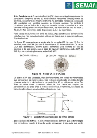 2.5 – Condutores → O cabo de alumínio (CA) é um encordoado concêntrico de
condutores, composto de uma ou mais camadas helicoidais (coroas) de fios de
alumínio, usualmente de mesmo diâmetro. As camadas helicoidais sucessivas
são enroladas em sentidos opostos. A primeira camada (fio central) é
constituída por um único fio, a segunda camada contará com 6 fios e a cada
camada subsequente são adicionados 6 fios, de modo que se terá no total 7,
19, 37, 61 fios conforme o cabo disponha de 2, 3, 4 ou 5 camadas.
Para cabos de alumínio com alma de aço (CAA) a construção é similar exceto
pelo fato que nas camadas iniciais utilizam-se fios de aço e nas mais externas,
fios de alumínio.
Na figura 15, apresenta-se a seção reta de um cabo CA (a), com 19 fios de
alumínio, e de um CAA (b), com 7 fios de aço e 30 fios de alumínio. Os cabos
CAA são identificados, dentre outros elementos, pelo número de fios de
alumínio e de aço, assim, para o caso da figura 21 (b) teremos cabo CAA 30
Al/7 Aço, ou, mais simplesmente, cabo CAA 30/7.
Figura 15 – Cabos CA (a) e CAA (b)
Os cabos CAA são utilizados, mais correntemente, em linhas de transmissão
que apresentam os maiores vãos. Nas redes de distribuição em média tensão
urbanas, estando o vão limitado a cerca de 30 a 40 m, utilizam-se cabos CA.
Para as redes rurais podem-se utilizar os dois casos em função das
características da área onde a rede se desenvolve. Finalmente, nas redes de
baixa tensão utilizam-se cabos CA protegidos ou nus.
Figura 16 – Características mecânicas de linhas aéreas
Seções da série métrica → as normas brasileiras definem que a identificação
dos condutores, quanto à área da seção transversal, é feita pela sua seção
Eng.º Eletricista Flávio Henrique SEP - Sistema Elétrico de Potência 19/201
 