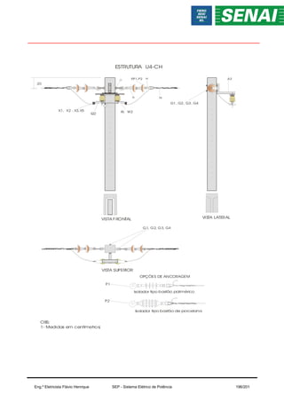A3
Q
O P
,P1,P2
N
M
X1, X2 , X3, X5 W, W2
ESTRUTURA U4-CH
20
G1, G2, G3, G4
VISTA LATERAL
VISTA FRONTAL
G1, G2, G3, G4
VISTA SUPERIOR
OBS:
1- Medidas em centimetros;
Q2
OPÇÕES DE ANCORAGEM
Isolador tipo bastão de porcelana
Isolador tipo bastão polimérico
P1
P2
Eng.º Eletricista Flávio Henrique SEP - Sistema Elétrico de Potência 196/201
 