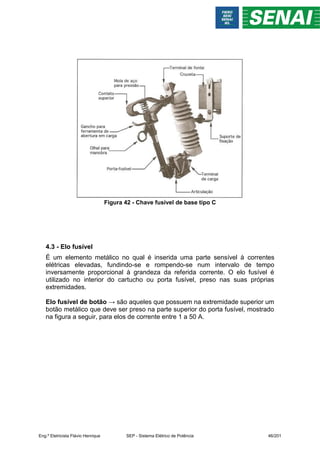 Figura 42 - Chave fusível de base tipo C
4.3 - Elo fusível
É um elemento metálico no qual é inserida uma parte sensível à correntes
elétricas elevadas, fundindo-se e rompendo-se num intervalo de tempo
inversamente proporcional à grandeza da referida corrente. O elo fusível é
utilizado no interior do cartucho ou porta fusível, preso nas suas próprias
extremidades.
Elo fusível de botão → são aqueles que possuem na extremidade superior um
botão metálico que deve ser preso na parte superior do porta fusível, mostrado
na figura a seguir, para elos de corrente entre 1 a 50 A.
Eng.º Eletricista Flávio Henrique SEP - Sistema Elétrico de Potência 46/201
 