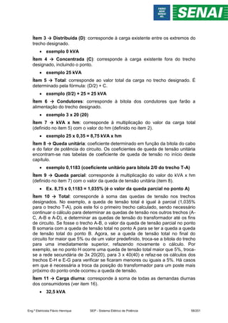 Ítem 3 → Distribuida (D): corresponde à carga existente entre os extremos do
trecho designado.
 exemplo 0 kVA
Ítem 4 → Concentrada (C): corresponde à carga existente fora do trecho
designado, incluindo o ponto.
 exemplo 25 kVA
Ítem 5 → Total: corresponde ao valor total da carga no trecho designado. É
determinado pela fórmula: (D/2) + C.
 exemplo (0/2) + 25 = 25 kVA
Ítem 6 → Condutores: corresponde à bitola dos condutores que farão a
alimentação do trecho designado.
 exemplo 3 x 20 (20)
Ítem 7 → kVA x hm: corresponde à multiplicação do valor da carga total
(definido no item 5) com o valor do hm (definido no item 2).
 exemplo 25 x 0,35 = 8,75 kVA x hm
Ítem 8 → Queda unitária: coeficiente determinado em função da bitola do cabo
e do fator de potência do circuito. Os coeficientes de queda de tensão unitária
encontram-se nas tabelas de coeficiente de queda de tensão no início deste
capítulo.
 exemplo 0,1183 (coeficiente unitário para bitola 2/0 do trecho T-A)
Ítem 9 → Queda parcial: corresponde à multiplicação do valor do kVA x hm
(definido no item 7) com o valor da queda de tensão unitária (item 8).
 Ex. 8,75 x 0,1183 = 1,035% (é o valor da queda parcial no ponto A)
Ítem 10 → Total: corresponde à soma das quedas de tensão nos trechos
designados. No exemplo, a queda de tensão total é igual à parcial (1,035%
para o trecho T-A), pois este foi o primeiro trecho calculado, sendo necessário
continuar o cálculo para determinar as quedas de tensão nos outros trechos (A-
C, A-B e A-D), e determinar as quedas de tensão do transformador até os fins
de circuito. Se fosse o trecho A-B, o valor da queda de tensão parcial no ponto
B somaria com a queda de tensão total no ponto A para se ter a queda a queda
de tensão total do ponto B. Agora, se a queda de tensão total no final do
circuito for maior que 5% ou de um valor predefinido, troca-se a bitola do trecho
para uma imediatamente superior, refazendo novamente o cálculo. Por
exemplo, se no ponto H ocorre uma queda de tensão total maior que 5%, troca-
se a rede secundária de 3x 20(20), para 3 x 40(40) e refaz-se os cálculos dos
trechos E-H e E-G para verificar se ficaram menores ou iguais a 5%. Há casos
em que é necessária a troca da posição do transformador para um poste mais
próximo do ponto onde ocorreu a queda de tensão.
Ítem 11 → Carga diurna: corresponde à soma de todas as demandas diurnas
dos consumidores (ver item 16).
 32,5 kVA
Eng.º Eletricista Flávio Henrique SEP - Sistema Elétrico de Potência 58/201
 