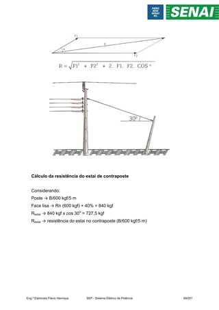 Cálculo da resistência do estai de contraposte
Considerando:
Poste → B/600 kgf/5 m
Face lisa → Rn (600 kgf) + 40% = 840 kgf
Restai → 840 kgf x cos 30o
= 727,5 kgf
Restai → resistência do estai no contraposte (B/600 kgf/5 m)
Eng.º Eletricista Flávio Henrique SEP - Sistema Elétrico de Potência 69/201
 