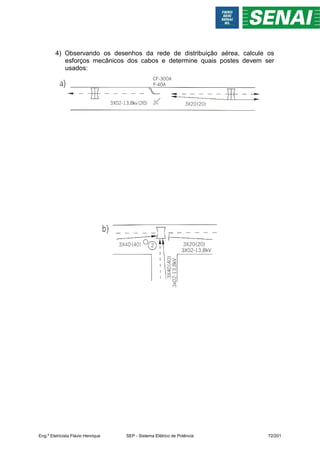 4) Observando os desenhos da rede de distribuição aérea, calcule os
esforços mecânicos dos cabos e determine quais postes devem ser
usados:
Eng.º Eletricista Flávio Henrique SEP - Sistema Elétrico de Potência 72/201
 