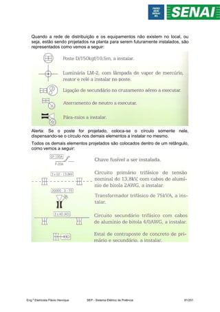 Quando a rede de distribuição e os equipamentos não existem no local, ou
seja, estão sendo projetados na planta para serem futuramente instalados, são
representados como vemos a seguir:
Alerta: Se o poste for projetado, coloca-se o círculo somente nele,
dispensando-se o círculo nos demais elementos a instalar no mesmo.
Todos os demais elementos projetados são colocados dentro de um retângulo,
como vemos a seguir:
Eng.º Eletricista Flávio Henrique SEP - Sistema Elétrico de Potência 81/201
 