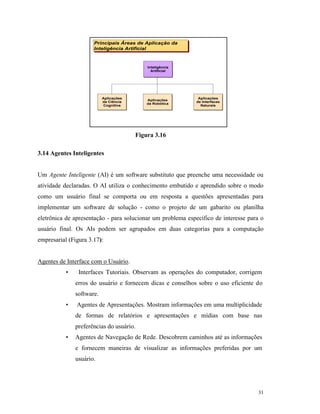 31
Figura 3.16
3.14 Agentes Inteligentes
Um Agente Inteligente (AI) é um software substituto que preenche uma necessidade ou
atividade declaradas. O AI utiliza o conhecimento embutido e aprendido sobre o modo
como um usuário final se comporta ou em resposta a questões apresentadas para
implementar um software de solução - como o projeto de um gabarito ou planilha
eletrônica de apresentação - para solucionar um problema específico de interesse para o
usuário final. Os AIs podem ser agrupados em duas categorias para a computação
empresarial (Figura 3.17):
Agentes de Interface com o Usuário.
• Interfaces Tutoriais. Observam as operações do computador, corrigem
erros do usuário e fornecem dicas e conselhos sobre o uso eficiente do
software.
• Agentes de Apresentações. Mostram informações em uma multiplicidade
de formas de relatórios e apresentações e mídias com base nas
preferências do usuário.
• Agentes de Navegação de Rede. Descobrem caminhos até as informações
e fornecem maneiras de visualizar as informações preferidas por um
usuário.
Principais Áreas de Aplicação da
Inteligência Artificial
Principais Áreas de Aplicação da
Inteligência Artificial
Aplicações
da Ciência
Cognitiva
Aplicações
da Ciência
Cognitiva
Inteligência
Artificial
Inteligência
Artificial
Aplicações
da Robótica
Aplicações
da Robótica
Aplicações
de Interfaces
Naturais
Aplicações
de Interfaces
Naturais
 