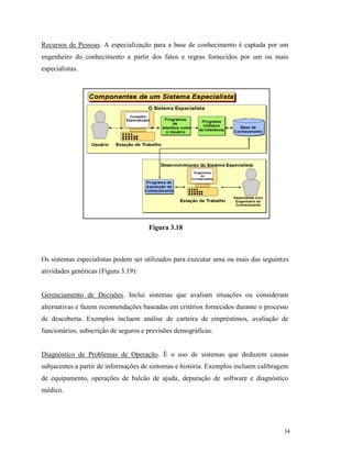 34
Recursos de Pessoas. A especialização para a base de conhecimento é captada por um
engenheiro do conhecimento a partir dos fatos e regras fornecidos por um ou mais
especialistas.
Figura 3.18
Os sistemas especialistas podem ser utilizados para executar uma ou mais das seguintes
atividades genéricas (Figura 3.19):
Gerenciamento de Decisões. Inclui sistemas que avaliam situações ou consideram
alternativas e fazem recomendações baseadas em critérios fornecidos durante o processo
de descoberta. Exemplos incluem análise de carteira de empréstimos, avaliação de
funcionários, subscrição de seguros e previsões demográficas.
Diagnóstico de Problemas de Operação. É o uso de sistemas que deduzem causas
subjacentes a partir de informações de sintomas e história. Exemplos incluem calibragem
de equipamento, operações de balcão de ajuda, depuração de software e diagnóstico
médico.
 