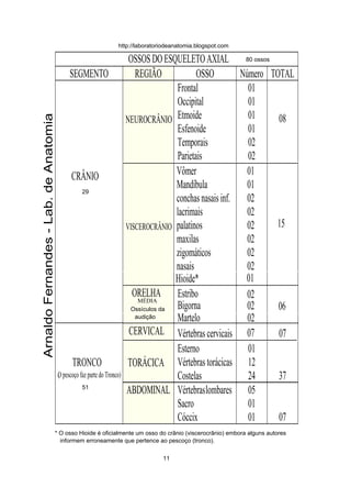 OSSOSDOESQUELETOAXIAL
SEGMENTO REGIÃO OSSO Número TOTAL
Frontal
Occipital
Etmoide
Esfenoide
Temporais
Parietais
01
01
01
01
02
02
08
Vômer
Mandíbula
conchasnasaisinf.
lacrimais
palatinos
maxilas
zigomáticos
nasais
01
01
02
02
02
02
02
02
15
ORELHA
Martelo
Estribo
Bigorna
02
02
02 06
CRÂNIO
CERVICAL
Hioide*
Vértebras cervicais
01
07 07
TORÁCICA
Esterno
Vértebras torácicas
Costelas
01
12
24 37
TRONCO
ABDOMINAL Vértebras
Sacro
Cóccix
05
01
01 07
ArnaldoFernandes-Lab.deAnatomia
29
51
80 ossos
11
http://laboratoriodeanatomia.blogspot.com
Ossículos da
audição
lombares
MÉDIA
NEUROCRÂNIO
VISCEROCRÂNIO
(O pescoço faz parte do Tronco)
* O osso Hioide é oficialmente um osso do crânio (viscerocrânio) embora alguns autores
informem erroneamente que pertence ao pescoço (tronco).
 