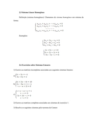 2.5 Sistema Linear Homogêneo
Definição (sistema homogêneo): Chamamos de sistema homogêneo um sistema da
forma:
Exemplos:
2.6 Exercícios sobre Sistemas Lineares
1) Escreva as matrizes incompletas associadas aos seguintes sistemas lineares:
a)
b)
c)
2) Escreva as matrizes completas associadas aos sistemas do exercício 1.
3) Resolva os seguintes sistemas pelo teorema de Cramer:
 