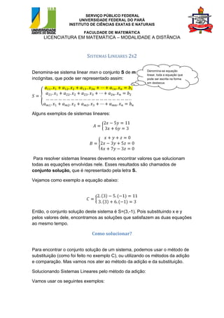 SERVIÇO PÚBLICO FEDERAL
                       UNIVERSIDADE FEDERAL DO PARÁ
                  INSTITUTO DE CIÊNCIAS EXATAS E NATURAIS

                          FACULDADE DE MATEMÁTICA
     LICENCIATURA EM MATEMÁTICA – MODALIDADE A DISTÂNCIA



                            SISTEMAS LINEARES 2X2

                                                     Denomina-se equação
Denomina-se sistema linear mxn o conjunto S de m equaçõestoda a equação quen
                                                     linear,
                                                             lineares em
incógnitas, que pode ser representado assim:         pode ser escrita na forma
                                                          em destaque.




Alguns exemplos de sistemas lineares:




 Para resolver sistemas lineares devemos encontrar valores que solucionam
todas as equações envolvidas nele. Esses resultados são chamados de
conjunto solução, que é representado pela letra S.

Vejamos como exemplo a equação abaixo:




Então, o conjunto solução deste sistema é S=(3,-1). Pois substituindo x e y
pelos valores dele, encontramos as soluções que satisfazem as duas equações
ao mesmo tempo.

                              Como solucionar?


Para encontrar o conjunto solução de um sistema, podemos usar o método de
substituição (como foi feito no exemplo C), ou utilizando os métodos da adição
e comparação. Mas vamos nos ater ao método da adição e da substituição.

Solucionando Sistemas Lineares pelo método da adição:

Vamos usar os seguintes exemplos:
 
