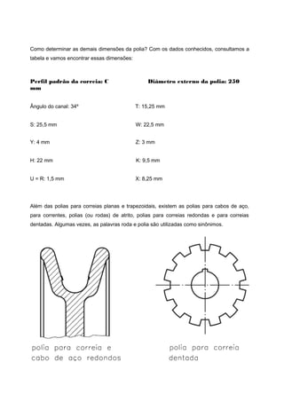 Como determinar as demais dimensões da polia? Com os dados conhecidos, consultamos a
tabela e vamos encontrar essas dimensões:
Perfil padrão da correia: C Diâmetro externo da polia: 250
mm
Ângulo do canal: 34º T: 15,25 mm
S: 25,5 mm W: 22,5 mm
Y: 4 mm Z: 3 mm
H: 22 mm K: 9,5 mm
U = R: 1,5 mm X: 8,25 mm
Além das polias para correias planas e trapezoidais, existem as polias para cabos de aço,
para correntes, polias (ou rodas) de atrito, polias para correias redondas e para correias
dentadas. Algumas vezes, as palavras roda e polia são utilizadas como sinônimos.
 