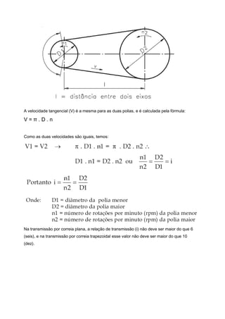 A velocidade tangencial (V) é a mesma para as duas polias, e é calculada pela fórmula:
V = π . D . n
Como as duas velocidades são iguais, temos:
Na transmissão por correia plana, a relação de transmissão (i) não deve ser maior do que 6
(seis), e na transmissão por correia trapezoidal esse valor não deve ser maior do que 10
(dez).
 