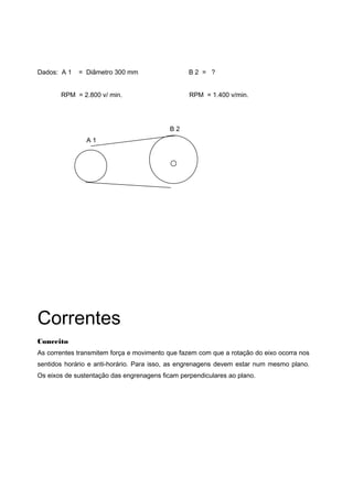 Dados: A 1 = Diâmetro 300 mm B 2 = ?
RPM = 2.800 v/ min. RPM = 1.400 v/min.
B 2
A 1
Correntes
Conceito
As correntes transmitem força e movimento que fazem com que a rotação do eixo ocorra nos
sentidos horário e anti-horário. Para isso, as engrenagens devem estar num mesmo plano.
Os eixos de sustentação das engrenagens ficam perpendiculares ao plano.
 