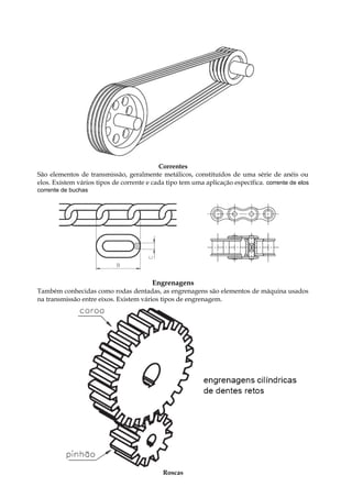 Correntes
São elementos de transmissão, geralmente metálicos, constituídos de uma série de anéis ou
elos. Existem vários tipos de corrente e cada tipo tem uma aplicação específica. corrente de elos
corrente de buchas
Engrenagens
Também conhecidas como rodas dentadas, as engrenagens são elementos de máquina usados
na transmissão entre eixos. Existem vários tipos de engrenagem.
Roscas
 