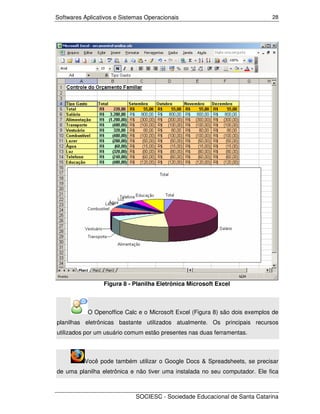 Softwares Aplicativos e Sistemas Operacionais                                28




                 Figura 8 - Planilha Eletrônica Microsoft Excel



           O Openoffice Calc e o Microsoft Excel (Figura 8) são dois exemplos de
planilhas eletrônicas bastante utilizados atualmente. Os principais recursos
utilizados por um usuário comum estão presentes nas duas ferramentas.



          Você pode também utilizar o Google Docs & Spreadsheets, se precisar
de uma planilha eletrônica e não tiver uma instalada no seu computador. Ele fica



                             SOCIESC - Sociedade Educacional de Santa Catarina
 