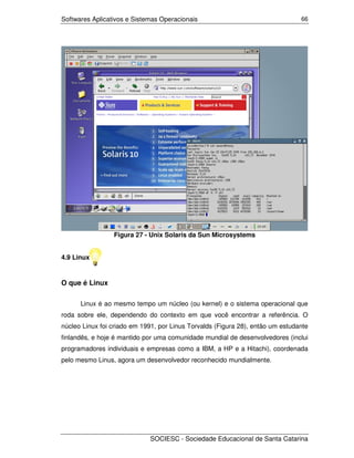 Softwares Aplicativos e Sistemas Operacionais                                   66




                 Figura 27 - Unix Solaris da Sun Microsystems


4.9 Linux


O que é Linux

      Linux é ao mesmo tempo um núcleo (ou kernel) e o sistema operacional que
roda sobre ele, dependendo do contexto em que você encontrar a referência. O
núcleo Linux foi criado em 1991, por Linus Torvalds (Figura 28), então um estudante
finlandês, e hoje é mantido por uma comunidade mundial de desenvolvedores (inclui
programadores individuais e empresas como a IBM, a HP e a Hitachi), coordenada
pelo mesmo Linus, agora um desenvolvedor reconhecido mundialmente.




                             SOCIESC - Sociedade Educacional de Santa Catarina
 