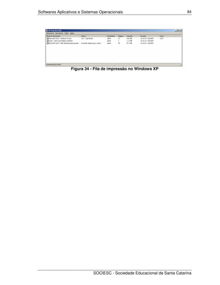 Softwares Aplicativos e Sistemas Operacionais                              84




                 Figura 34 - Fila de impressão no Windows XP




                             SOCIESC - Sociedade Educacional de Santa Catarina
 