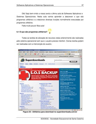 Softwares Aplicativos e Sistemas Operacionais                                   87




       Olá! Seja bem-vindo a nossa sexta e última aula de Softwares Aplicativos e
Sistemas Operacionais. Nesta aula vamos aprender a descrever o que são
programas utilitários e a relacionar diversas funções normalmente executadas por
programas utilitários.
       Falta muito pouco! Boa aula!


6.1 O que são programas utilitários?


       Todas as tarefas de alocação de recursos vistas anteriormente são realizadas
pelo sistema operacional sem que o usuário precise interferir. Outras tarefas podem
ser realizadas com a intervenção do usuário.




        Figura 35 - Utilitários para download no superdownloads.com.br


                              SOCIESC - Sociedade Educacional de Santa Catarina
 