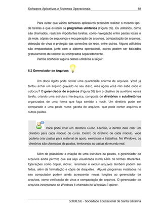 Softwares Aplicativos e Sistemas Operacionais                                   88




      Para evitar que vários softwares aplicativos precisem realizar o mesmo tipo
de tarefas é que existem os programas utilitários (Figura 35). Os utilitários, como
são chamados, realizam importantes tarefas, como navegação entre pastas locais e
da rede, cópias de segurança e recuperação de arquivos, compactação de arquivos,
detecção de vírus e proteção das conexões de rede, entre outras. Alguns utilitários
são empacotados junto com o sistema operacional, outros podem ser baixados
gratuitamente da Internet ou comprados separadamente.
      Vamos conhecer alguns destes utilitários a seguir:


6.2 Gerenciador de Arquivos


      Um disco rígido pode conter uma quantidade enorme de arquivos. Você já
tentou achar um arquivo gravado no seu disco, mas agora você não sabe onde o
colocou? O gerenciador de arquivos (Figura 36) tem o objetivo de auxiliá-lo nessa
tarefa, criando uma estrutura hierárquica, composta de diretórios e subdiretórios
organizados de uma forma que faça sentido a você. Um diretório pode ser
comparado a uma pasta numa gaveta de arquivos, que pode conter arquivos e
outras pastas.




             Você pode criar um diretório Curso Técnico, e dentro dele criar um
diretório para cada módulo do curso. Dentro do diretório de cada módulo, você
poderia criar pastas para material de apoio, exercícios e trabalhos. No Windows, os
diretórios são chamados de pastas, lembrando as pastas do mundo real.


      Além de possibilitar a criação de uma estrutura de pastas, o gerenciador de
arquivos ainda permite que ela seja visualizada numa série de formas diferentes.
Operações como copiar, mover, renomear e excluir arquivos também podem ser
feitas, além da formatação e cópia de disquetes. Alguns programas instalados no
seu computador podem ainda acrescentar novas funções ao gerenciador de
arquivos, como verificação de vírus e compactação de arquivos. O gerenciador de
arquivos incorporado ao Windows é chamado de Windows Explorer.




                              SOCIESC - Sociedade Educacional de Santa Catarina
 