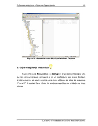 Softwares Aplicativos e Sistemas Operacionais                                  89




            Figura 36 – Gerenciador de Arquivos Windows Explorer




6.3 Cópia de segurança e restauração


       Fazer uma cópia de segurança (ou backup) de arquivos significa copiar uma
ou mais vezes um arquivo e armazená-la em um local seguro, para o caso de algum
problema ocorrer ao arquivo original. Através de utilitários de cópia de segurança
(Figura 37) é possível fazer cópias de arquivos específicos ou unidades de disco
inteiras.




                             SOCIESC - Sociedade Educacional de Santa Catarina
 