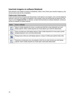 Inserindo imagens no software Notebook
Para adicionar uma imagem ao arquivo do Notebook, utilize o menu Inserir para importar imagens ou clip
arts de outros locais de seu computador.
Capturando informações
A barra de ferramentas da Captura de Tela permite a você capturar uma imagem, como uma foto digital da
Internet e usá-la em uma página do Notebook. Para acessar a barra de ferramentas da Captura de Tela,
clique no ícone Captura de Tela (a câmera), na barra de ferramentas do software Notebook. Lembre-se
sempre de respeitar os direitos autorais.

 Botão     Como é utilizado

           Segure o botão esquerdo do mouse, e arraste para delimitar a área retangular que você
           deseja capturar. Solte o botão esquerdo do mouse depois que a área for selecionada.

           Clique na janela que você deseja capturar. Solte o botão esquerdo do mouse após a janela
           desejada aparecer como uma área selecionada.

           Navegue para a tela que você deseja capturar, e clique no botão para capturar toda a tela.


           Pressione e arraste para criar uma seleção à mão livre ao redor da área que você deseja
           capturar. Solte o botão esquerdo do mouse após a área estar selecionada.




70
 
