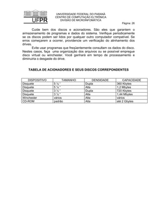 UNIVERSIDADE FEDERAL DO PARANÁ
CENTRO DE COMPUTAÇÃO ELTRÔNICA
DIVISÃO DE MICROINFOMÁTICA
Página: 26
Cuide bem dos discos e acionadores. São eles que garantem o
armazenamento de programas e dados do sistema. Verifique periodicamente
se os discos podem ser lidos por qualquer outro computador compatível. Se
erros começarem a ocorrer, providencie um verificação do alinhamento dos
drives.
Evite usar programas que freqüentemente consultam os dados do disco.
Nestes casos, faça uma organização dos arquivos ou se possível empregue
disco virtual ou winchester. Você ganhará em tempo de processamento e
diminuiria o desgaste do drive.
TABELA DE ACIONADORES E SEUS DISCOS CORREPONDENTES
DISPOSITIVO TAMANHO DENSIDADE CAPACIDADE
Disquete 5 ¼ “ Dupla 360 Kbytes
Disquete 5 ¼ “ Alta 1,2 Mbytes
Disquete 3 ½ “ Dupla 720 Kbytes
Disquete 3 ½ “ Alta 1,44 Mbytes
Winchester vários Alta vários
CD-ROM padrão Alta até 2 Gbytes
 