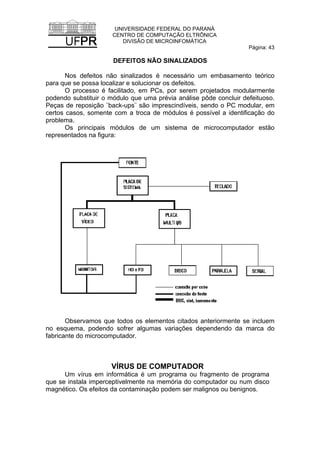 UNIVERSIDADE FEDERAL DO PARANÁ
CENTRO DE COMPUTAÇÃO ELTRÔNICA
DIVISÃO DE MICROINFOMÁTICA
Página: 43
DEFEITOS NÃO SINALIZADOS
Nos defeitos não sinalizados é necessário um embasamento teórico
para que se possa localizar e solucionar os defeitos.
O processo é facilitado, em PCs, por serem projetados modularmente
podendo substituir o módulo que uma prévia análise pôde concluir defeituoso.
Peças de reposição ¨back-ups¨ são imprescindíveis, sendo o PC modular, em
certos casos, somente com a troca de módulos é possível a identificação do
problema.
Os principais módulos de um sistema de microcomputador estão
representados na figura:
Observamos que todos os elementos citados anteriormente se incluem
no esquema, podendo sofrer algumas variações dependendo da marca do
fabricante do microcomputador.
VÍRUS DE COMPUTADOR
Um vírus em informática é um programa ou fragmento de programa
que se instala imperceptivelmente na memória do computador ou num disco
magnético. Os efeitos da contaminação podem ser malignos ou benignos.
 
