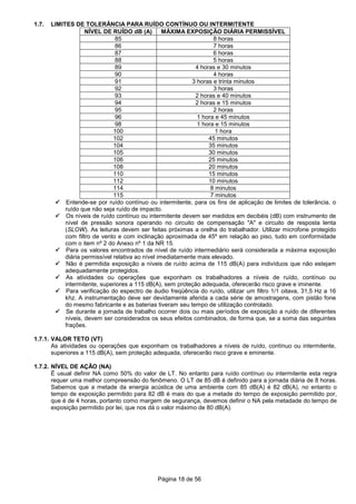 Página 18 de 56
1.7. LIMITES DE TOLERÂNCIA PARA RUÍDO CONTÍNUO OU INTERMITENTE
NÍVEL DE RUÍDO dB (A) MÁXIMA EXPOSIÇÃO DIÁRIA PERMISSÍVEL
85 8 horas
86 7 horas
87 6 horas
88 5 horas
89 4 horas e 30 minutos
90 4 horas
91 3 horas e trinta minutos
92 3 horas
93 2 horas e 40 minutos
94 2 horas e 15 minutos
95 2 horas
96 1 hora e 45 minutos
98 1 hora e 15 minutos
100 1 hora
102 45 minutos
104 35 minutos
105 30 minutos
106 25 minutos
108 20 minutos
110 15 minutos
112 10 minutos
114 8 minutos
115 7 minutos
Entende-se por ruído contínuo ou intermitente, para os fins de aplicação de limites de tolerância, o
ruído que não seja ruído de impacto.
Os níveis de ruído contínuo ou intermitente devem ser medidos em decibéis (dB) com instrumento de
nível de pressão sonora operando no circuito de compensação "A" e circuito de resposta lenta
(SLOW). As leituras devem ser feitas próximas a orelha do trabalhador. Utilizar microfone protegido
com filtro de vento e com inclinação aproximada de 45º em relação ao piso, tudo em conformidade
com o item nº 2 do Anexo nº 1 da NR 15.
Para os valores encontrados de nível de ruído intermediário será considerada a máxima exposição
diária permissível relativa ao nível imediatamente mais elevado.
Não é permitida exposição a níveis de ruído acima de 115 dB(A) para indivíduos que não estejam
adequadamente protegidos.
As atividades ou operações que exponham os trabalhadores a níveis de ruído, contínuo ou
intermitente, superiores a 115 dB(A), sem proteção adequada, oferecerão risco grave e iminente.
Para verificação do espectro de áudio freqüência do ruído, utilizar um filtro 1/1 oitava, 31,5 Hz a 16
khz. A instrumentação deve ser devidamente aferida a cada série de amostragens, com pistão fone
do mesmo fabricante e as baterias tiveram seu tempo de utilização controlado.
Se durante a jornada de trabalho ocorrer dois ou mais períodos de exposição a ruído de diferentes
níveis, devem ser considerados os seus efeitos combinados, de forma que, se a soma das seguintes
frações.
1.7.1. VALOR TETO (VT)
As atividades ou operações que exponham os trabalhadores a níveis de ruído, contínuo ou intermitente,
superiores a 115 dB(A), sem proteção adequada, oferecerão risco grave e eminente.
1.7.2. NÍVEL DE AÇÃO (NA)
É usual definir NA como 50% do valor de LT. No entanto para ruído contínuo ou intermitente esta regra
requer uma melhor compreensão do fenômeno. O LT de 85 dB é definido para a jornada diária de 8 horas.
Sabemos que a metade da energia acústica de uma ambiente com 85 dB(A) é 82 dB(A), no entanto o
tempo de exposição permitido para 82 dB é mais do que a metade do tempo de exposição permitido por,
que é de 4 horas, portanto como margem de segurança, devemos definir o NA pela metadade do tempo de
exposição permitido por lei, que nos dá o valor máximo de 80 dB(A).
 