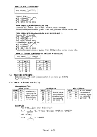 Página 21 de 56
PARA “n” FONTES SONORAS:
n
NPSt = 10.log. Σ (10
(NPSi)/10
)
i = 1
Exemplo: 90 + 87
NPSt = 10.log(10
90/10
+10
87/10
)
NPSt = 10.log(10
9
+10
8,7
)
NPSt = 91,76 dB = 92 dB(A)
PARA DIFERENÇA MAIOR OU IGUAL A 15
Exemplos: 90 + 70 = 90 ; 90 + 65 = 80 ; 105 + 50 = 105 – em dB(A)
Portanto diferenças maiores ou iguais a 15 em dB(A) prevalece sempre o maior valor.
PARA DIFERENÇA MAIOR OU IGUAL A 10 E MENOR QUE 15
Exemplo: 90 + 76 (em dB)
NPSt = 10.log(10
90/10
+10
76/10
)
NPSt = 10.log(10
9
+10
7,6
)
NPSt = 90,02 dB = 90 dB(A)
Outro exemplo: 90 + 80 (em dB)
NPSt = 10.log(10
90/10
+10
80/10
)
NPSt = 10.log(10
9
+10
8
)
NPSt = 90,41 dB = 90 dB(A)
Portanto diferenças maiores ou iguais a 10 em dB(A) prevalece sempre o maior valor.
PARA “n” FONTES SONORAS COM A MESMA INTENSIDADE
NPSt = NPSindividual + 10.log(n)
n NPSt n NPSt
1 80 1 80
2 83 10 83
4 86 100 86
8 89 1000 90
16 92
1.9. TEMPO DE EXPOSIÇÃO
Sabemos que o NPS para 8 horas diárias tem de ser menor que 85dB(A)
Texp = 8 / (2
(NPS-85)/q
)
1.10. FATOR DE MULTIPLICAÇÃO – “q”
RECOMENDAÇÕES:
OSHA – USA ISO – Europa NR-15 - BRASIL
dB(A) Texp
A cada 5dB(A)
diminui-se na
metade o tempo
de exposição,
por isso q = 5.
dB(A) Texp
A cada 3dB(A)
diminui-se na
metade o tempo
de exposição,
por isso q = 3.
dB(A) Texp A cada 5dB(A)
diminui-se na
metade o tempo
de exposição,
por isso q = 5.
90 8h 85 8h 85 8h
95 4h 88 4h 100 4h
100 2h 91 2h 105 2h
105 1h 94 1h ... ...
... ... 97 30’
... ...
EXEMPLOS
Para 89 dB(A), qual o tempo de exposição?
Texp = 8 = 3,1749 horas = 3 horas e 10,494 min = 3h10’30”
(2
(89-85)/3
)
Para 110 dB(A)
Texp = 8 = 1h 49min
(2
(110-85)/3
)
 