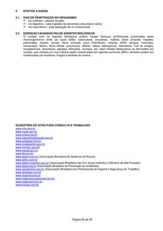 Página 55 de 56
5. EFEITOS A SAÚDE
5.1. VIAS DE PENETRAÇÃO NO ORGANISMO
via cutânea – através da pele;
via digestiva – pela ingestão de alimentos e da própria saliva;
via respiratória – pela aspiração de ar contaminado.
5.2. DOENÇAS CAUSADAS PELOS AGENTES BIOLÓGICOS
O contato com os Agentes Biológicos podem causar doenças profissionais provocadas pelos
microorganismos entre as quais estão: tuberculose, brucelose, malária, febre amarela, hepatite,
poliomielite, herpes, varíola, febre amarela, raiva (hidrofobia), rubéola, AIDS, dengue, meningite,
hanseniese, tétano, febre tifóide, pneumonia, difteria, cólera, leptospirose, disenterias, mal de chagas,
toxoplasmose, disenterias, alergias, infecções, micoses, etc. Além destas destacamos as dermatites por
contato, que embora em sua maioria sejam ocasionadas por agentes químicos (80%), também podem ser
ocasionadas por bactérias, fungos e picadas de insetos.
SUGESTÕES DE SITES PARA CONSULTA E TRABALHOS
www.mte.gov.br
www.mpas.gov.br
www.sobes.org.br
www.segurancaesaude.com.br
www.areaseg.com.br
www.fundacentro.gov.br
www.inmetro.gov.br
www.saude.gov.br
www.fiocruz.br
www.abgrh.com.br (Associação Brasileira de Gerência de Riscos)
www.abho.com.br
www.abiex-incendio.com.br (Associação Brasileira das Ind. Equip.Incêndio e Cilindros de Alta Pressão)
www.abpa.org.br (Associação Brasileira de Prevenção de Acidentes)
www.abraphiset.com.br (Associação Brasileira dos Profissionais de Higiene e Segurança do Trabalho)
www.abraseg.com.br
www.ergonet.com.br
www.higieneocupacional.com.br
www.segbrasil.com.br
www.toxnet.com.br
 
