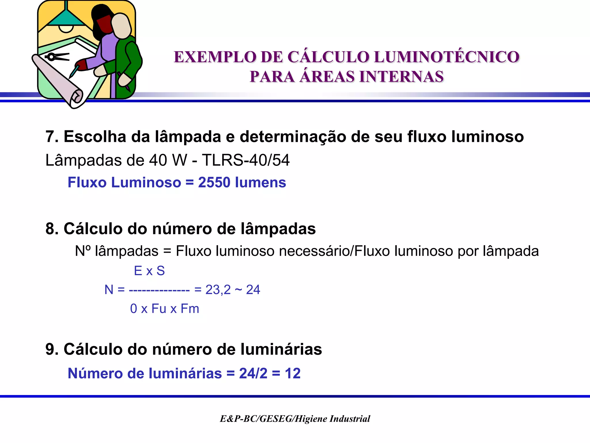 E&P-BC/GESEG/Higiene Industrial
EXEMPLO DE CÁLCULO LUMINOTÉCNICO
PARA ÁREAS INTERNAS
7. Escolha da lâmpada e determinação de seu fluxo luminoso
Lâmpadas de 40 W - TLRS-40/54
Fluxo Luminoso = 2550 lumens
8. Cálculo do número de lâmpadas
Nº lâmpadas = Fluxo luminoso necessário/Fluxo luminoso por lâmpada
E x S
N = -------------- = 23,2 ~ 24
0 x Fu x Fm
9. Cálculo do número de luminárias
Número de luminárias = 24/2 = 12
 
