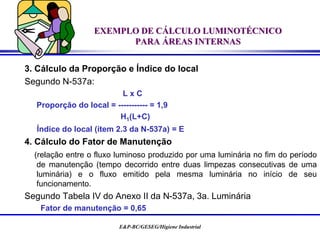 E&P-BC/GESEG/Higiene Industrial
EXEMPLO DE CÁLCULO LUMINOTÉCNICO
PARA ÁREAS INTERNAS
3. Cálculo da Proporção e Índice do local
Segundo N-537a:
L x C
Proporção do local = ----------- = 1,9
H1(L+C)
Índice do local (ítem 2.3 da N-537a) = E
4. Cálculo do Fator de Manutenção
(relação entre o fluxo luminoso produzido por uma luminária no fim do período
de manutenção (tempo decorrido entre duas limpezas consecutivas de uma
luminária) e o fluxo emitido pela mesma luminária no início de seu
funcionamento.
Segundo Tabela IV do Anexo II da N-537a, 3a. Luminária
Fator de manutenção = 0,65
 