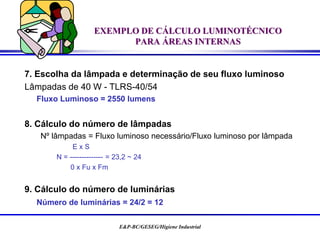 E&P-BC/GESEG/Higiene Industrial
EXEMPLO DE CÁLCULO LUMINOTÉCNICO
PARA ÁREAS INTERNAS
7. Escolha da lâmpada e determinação de seu fluxo luminoso
Lâmpadas de 40 W - TLRS-40/54
Fluxo Luminoso = 2550 lumens
8. Cálculo do número de lâmpadas
Nº lâmpadas = Fluxo luminoso necessário/Fluxo luminoso por lâmpada
E x S
N = -------------- = 23,2 ~ 24
0 x Fu x Fm
9. Cálculo do número de luminárias
Número de luminárias = 24/2 = 12
 