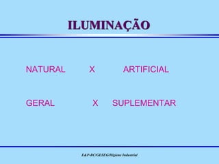 E&P-BC/GESEG/Higiene Industrial
ILUMINAÇÃO
NATURAL X ARTIFICIAL
GERAL X SUPLEMENTAR
 