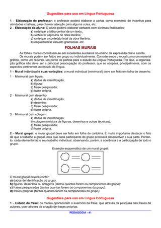 Sugestões para uso em Língua Portuguesa

1 — Elaboração do professor: o professor poderá elaborar o cartaz como elemento de incentivo para
atividades criativas, para chamar atenção para alguma coisa, etc.
2 — Elaboração do aluno: O aluno poderá elaborar cartazes com diversas finalidades:
                 a) sintetizar a idéia central de um texto;
                 b) sintetizar capítulos de obra literária;
                 c) sintetizar o conteúdo total da obra literária;
                 d) esquematizar assunto gramatical, etc.
                                            FOLHAS MURAIS
        As folhas murais constituem-se em excelentes auxiliares no ensino da expressão oral e escrita.
        Os murais podem ser feitos em grupo ou individualmente. Consideramos o mural como um material
gráfico, como um recurso, um ponto de partida para o estudo da Língua Portuguesa. Por isso, a organiza-
ção gráfica não deve ser a principal preocupação do professor, que se ocupará, principalmente, com os
aspectos pertinentes ao estudo da língua.
1 — Mural individual e suas variações: o mural individual (minimural) deve ser feito em folha de desenho.
1 — Minimural com figura:
               a) dados de identificação;
               b) figura;
               c) frase pesquisada;
               d) frase própria.
2 — Minimural com desenho:
               a) dados de identificação;
               b) desenho;
               c) frase pesquisada;
               d) frase própria.
3 — Minimural com colagem:
               a) dados de identificação;
               b) colagem (mistura de figuras, desenhos e outras técnicas);
               c) frase pesquisada;
               d) frase própria.
2 — Mural grupal: o mural grupal deve ser feito em folha de cartolina. É muito importante destacar o fato
de que o trabalho é grupal, mas que cada participante do grupo precisará desenvolver a sua parte. Portan-
to, cada elemento faz o seu trabalho individual, observando, porém, a coerência e a participação de todo o
grupo.
                               Exemplo esquemático de um mural grupal:




O mural grupal deverá conter:
a) dados de identificação do grupo;
b) figuras, desenhos ou colagens (tantos quantos forem os componentes do grupo):
c) frases pesquisadas (tantas quantas forem os componentes do grupo):
d) frases próprias (tantas quantos forem os componentes do grupo).

                           Sugestões para uso em Língua Portuguesa
1 — Estudo da frase: os murais oportunizam o exercício da frase, que através da pesquisa das frases de
autores, quer através da criação de frases próprias.
                                             PEDAGOGIA - 41
 