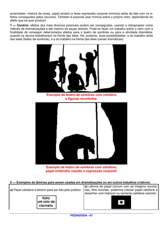 amarrotado, mistura de cores, papel picado) e fazer expressão corporal (mímica) atrás da tela com os e-
feitos conseguidos pelos recursos. Também é possível usar mímica sobre o próprio retro, dependendo do
efeito que se quer produzir.
7 — Cenário: efeitos dos mais diversos possíveis podem ser conseguidos, usando o retroprojetor como
método de dramatizações e até mesmo de peças teatrais. Pode-se fazer um trabalho sobre o retro com a
finalidade de conseguir determinados efeitos para o teatro de sombras ou para a atividade dramática,
quando os alunos trabalhariam na frente das telas. Há, portanto, duas possibilidades: a do trabalho atrás
das telas (teatro de sombras), e a do trabalho na frente das telas (cenas dramáticas).




                          Exemplo de teatro de sombras com celofane
                                    e figuras recortadas:




                          Exemplo de teatro de sombras com celofane,
                          papel embrulho vazado e expressão corporal:


8 — Exemplos de lâminas para serem usadas em dramatizações ou em outros trabalhos criativos:
                                                         e) Lâmina de papel comum com as imagens recorta-
a) Papel celofane e letreiro para ser lido pelo público: das. Nos recortes, podemos colocar papel celofane e
                                                         desenhar com hidrocor ou somente celofane colorido:




                                            PEDAGOGIA - 47
 