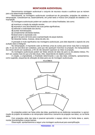 MONTAGEM AUDIOVISUAL
        Denominamos montagem audiovisual o conjunto de recursos visuais e auditivos que se reúnem
para uma determinada finalidade.
        Normalmente, as montagens audiovisuais constituem-se de gravações, projeções de eslaides e
retroprojeção. Caracterizam-se, essencialmente, em juntar texto e música com projeção de eslaides e re-
troprojeção.
        As montagens audiovisuais podem ser usadas com várias finalidades, tais como:
       a) incentivar a criação da redação escolar;
       b) reconstruir uma obra literária nas suas partes significativas;
       c) estimular a criatividade dos alunos;
       d) auxiliar dramatizações;
       e) complementar atividades teatrais;
       f) desenvolver a expressão oral;
       g) servir de pano de fundo para a apresentação de peças teatrais;
       h) interpretar textos, músicas, obras de arte, etc.
       A gravação é muito significativa nas montagens audiovisuais, pois dela depende o aspecto de uma
audição clara e inteligível.
       Na retroprojeção, é importante colar as lâminas umas às outras para tornar mais fácil a manipula-
ção. O uso da cola deve ser cuidadoso, para que não apareçam manchas na projeção. Os manipuladores
dos retros devem ser cautelosos, a fim de não deixarem aparecer as mãos na projeção.
       As montagens audiovisuais podem ser feitas através de telas de pano ou de plástico leitoso. Po-
dem ser usadas mais do que uma tela (duas, três), dependendo do objetivo previsto.
       A criação, a originalidade, a finalidade determinarão o uso das telas; entretanto, apresentamos,
como sugestão, esquemas de utilização de telas para uso de montagem audiovisuais.




       As projeções podem ser feitas atrás das telas, guardando-se as distâncias necessárias ( a aproxi-
mação do projetor de eslaides e do retroprojetor determina o tamanho da projeção nas telas), ou na frente
delas.
       Com projeções atrás das telas é possível aproveitar o espaço cênico na frente delas e, assim,
montar dramatizações e peças teatrais.
       Observação: apresentaremos a seguir uma montagem audiovisual para exemplificação.

                                            PEDAGOGIA - 53
 