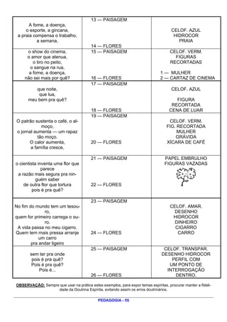 13 — PAISAGEM
       A fome, a doença,
     o esporte, a gincana,                                                            CELOF. AZUL
 a praia compensa o trabalho,                                                          HIDROCOR
           a semana,                                                                     PRAIA
                                         14 — FLORES
     o show do cinema,                   15 — PAISAGEM                               CELOF. VERM.
     o amor que atenua,                                                                FIGURAS
        o tiro no peito,                                                             RECORTADAS
      o sangue na rua,
      a fome, a doença,                                                        1 — MULHER
    não sei mais por quê?                16 — FLORES                           2 — CARTAZ DE CINEMA
                                         17 — PAISAGEM
         que noite,                                                                   CELOF. AZUL
          que lua,
      meu bem pra quê?                                                                 FIGURA
                                                                                     RECORTADA
                                         18 — FLORES                                CENA DE LUAR
                                         19 — PAISAGEM
O patrão sustenta o café, o al-                                                     CELOF. VERM.
             moço,                                                                 FIG. RECORTADA
o jornal aumenta — um rapaz                                                             MULHER
           tão moço.                                                                   GRÁVIDA
      O calor aumenta,                   20 — FLORES                               XÍCARA DE CAFÉ
       a família cresce,

                                         21 — PAISAGEM                            PAPEL EMBRULHO
o cientista inventa uma flor que                                                  FIGURAS VAZADAS
              parece
 a razão mais segura pra nin-
           guém saber
    de outra flor que tortura            22 — FLORES
         pois é pra quê?

                                         23 — PAISAGEM
No fim do mundo tem um tesou-                                                        CELOF. AMAR.
              ro,                                                                      DESENHO
quem for primeiro carrega o ou-                                                       HIDROCOR
              ro.                                                                      DINHEIRO
 A vida passa no meu cigarro.                                                          CIGARRO
Quem tem mais pressa arranje             24 — FLORES                                    CARRO
            um carro
        pra andar ligeiro
                                         25 — PAISAGEM                           CELOF. TRANSPAR.
       sem ter pra onde                                                         DESENHO HIDROCOR
        pois é pra quê?                                                             PERFIL COM
        Pois é pra quê?                                                            UM PONTO DE
            Pois é...                                                             INTERROGAÇÃO
                                         26 — FLORES                                 DENTRO.

OBSERVAÇÃO: Sempre que usar na prática estes exemplos, para expor temas espíritas, procurar manter a fideli-
                  dade da Doutrina Espírita, evitando assim os erros doutrinários.

                                             PEDAGOGIA - 55
 