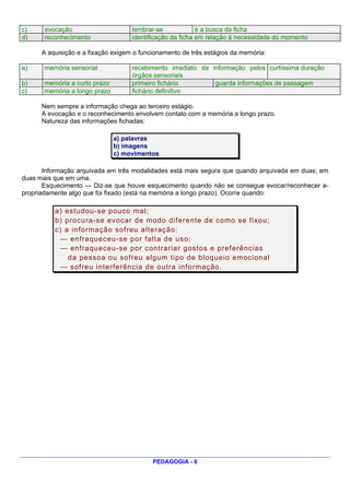 c)     evocação                     lembrar-se             é a busca da ficha
d)     reconhecimento               identificação da ficha em relação à necessidade do momento

      A aquisição e a fixação exigem o funcionamento de três estágios da memória:

a)     memória sensorial            recebimento imediato da informação pelos curtíssima duração
                                    órgãos sensoriais
b)     memória a curto prazo        primeiro fichário        guarda informações de passagem
c)     memória a longo prazo        fichário definitivo

      Nem sempre a informação chega ao terceiro estágio.
      A evocação e o reconhecimento envolvem contato com a memória a longo prazo.
      Natureza das informações fichadas:

                               a) palavras
                               b) imagens
                               c) movimentos

       Informação arquivada em três modalidades está mais segura que quando arquivada em duas; em
duas mais que em uma.
       Esquecimento — Diz-se que houve esquecimento quando não se consegue evocar/reconhecer a-
propriadamente algo que foi fixado (está na memória a longo prazo). Ocorre quando:

          a) estudou-se pouco mal;
          b) procura-se evocar de modo diferente de como se fixou;
          c) a informação sofreu alteração:
           — enfraqueceu-se por falta de uso;
           — enfraqueceu-se por contrariar gostos e preferências
              da pessoa ou sofreu algum tipo de bloqueio emocional
           — sofreu interferência de outra informação.




                                           PEDAGOGIA - 6
 