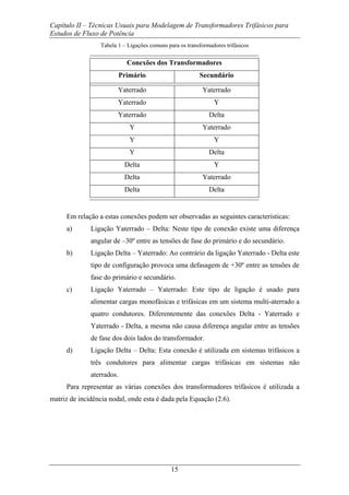 Capítulo II – Técnicas Usuais para Modelagem de Transformadores Trifásicos para
Estudos de Fluxo de Potência
15
Tabela 1 – Ligações comuns para os transformadores trifásicos
Conexões dos Transformadores
Primário Secundário
Yaterrado Yaterrado
Yaterrado Y
Yaterrado Delta
Y Yaterrado
Y Y
Y Delta
Delta Y
Delta Yaterrado
Delta Delta
Em relação a estas conexões podem ser observadas as seguintes características:
a) Ligação Yaterrado – Delta: Neste tipo de conexão existe uma diferença
angular de –30º entre as tensões de fase do primário e do secundário.
b) Ligação Delta – Yaterrado: Ao contrário da ligação Yaterrado - Delta este
tipo de configuração provoca uma defasagem de +30º entre as tensões de
fase do primário e secundário.
c) Ligação Yaterrado – Yaterrado: Este tipo de ligação é usado para
alimentar cargas monofásicas e trifásicas em um sistema multi-aterrado a
quatro condutores. Diferentemente das conexões Delta - Yaterrado e
Yaterrado - Delta, a mesma não causa diferença angular entre as tensões
de fase dos dois lados do transformador.
d) Ligação Delta – Delta: Esta conexão é utilizada em sistemas trifásicos a
três condutores para alimentar cargas trifásicas em sistemas não
aterrados.
Para representar as várias conexões dos transformadores trifásicos é utilizada a
matriz de incidência nodal, onde esta é dada pela Equação (2.6).
 