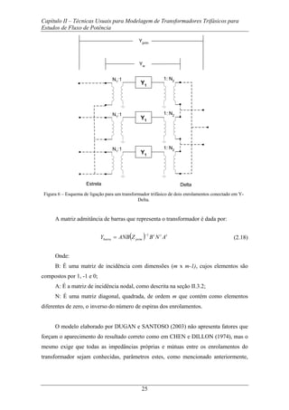 Capítulo II – Técnicas Usuais para Modelagem de Transformadores Trifásicos para
Estudos de Fluxo de Potência
25
N1
:1
Y1
Y1
Y1
N1
:1
N1
:1
1: N2
1: N2
1: N2
Estrela Delta
Yw
Yprim
Figura 6 – Esquema de ligação para um transformador trifásico de dois enrolamentos conectado em Y-
Delta.
A matriz admitância de barras que representa o transformador é dada por:
( ) ttt
primbarra ANBZANBY
1−
= (2.18)
Onde:
B: É uma matriz de incidência com dimensões (m x m-1), cujos elementos são
compostos por 1, -1 e 0;
A: É a matriz de incidência nodal, como descrita na seção II.3.2;
N: É uma matriz diagonal, quadrada, de ordem m que contém como elementos
diferentes de zero, o inverso do número de espiras dos enrolamentos.
O modelo elaborado por DUGAN e SANTOSO (2003) não apresenta fatores que
forçam o aparecimento do resultado correto como em CHEN e DILLON (1974), mas o
mesmo exige que todas as impedâncias próprias e mútuas entre os enrolamentos do
transformador sejam conhecidas, parâmetros estes, como mencionado anteriormente,
 