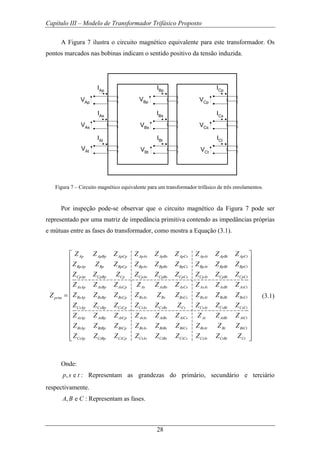 Capítulo III – Modelo de Transformador Trifásico Proposto
28
A Figura 7 ilustra o circuito magnético equivalente para este transformador. Os
pontos marcados nas bobinas indicam o sentido positivo da tensão induzida.
VAs
IBp
IBs
IBtIAt
IAs
IAp
ICp
ICs
ICt
VBp
VBt
VAp
VAt
VCp
VCt
VBs VCs
Figura 7 – Circuito magnético equivalente para um transformador trifásico de três enrolamentos.
Por inspeção pode-se observar que o circuito magnético da Figura 7 pode ser
representado por uma matriz de impedância primitiva contendo as impedâncias próprias
e mútuas entre as fases do transformador, como mostra a Equação (3.1).
Ap ApBp ApCp ApAs ApBs ApCs ApAt ApBt ApCt
BpAp Bp BpCp BpAs BpBs BpCs BpAt BpBt BpCt
CpAp CpBp Cp CpAs CpBs CpCs CpAt CpBt CpCt
AsAp AsBp AsCp As AsBs AsCs AsAt AsBt AsCt
BsAp BsBp BsCp BsAs Bprim
Z Z Z Z Z Z Z Z Z
Z Z Z Z Z Z Z Z Z
Z Z Z Z Z Z Z Z Z
Z Z Z Z Z Z Z Z Z
Z Z Z Z ZZ = s BsCs BsAt BsBt BsCt
CsAp CsBp CsCp CsAs CsBs Cs CsAt CsBt CsCt
AtAp AtBp AtCp AtAs AtBs AtCs At AtBt AtCt
BtAp BtBp BtCp BtAs BtBs BtCs BtAt Bt BtCt
CtAp CtBp CtCp CtAs CtBs CtCs CtAt CtBt Ct
Z Z Z Z
Z Z Z Z Z Z Z Z Z
Z Z Z Z Z Z Z Z Z
Z Z Z Z Z Z Z Z Z
Z Z Z Z Z Z Z Z Z
⎡
⎢
⎢
⎢
⎢
⎢
⎣
⎤
⎥
⎥
⎥
⎥
⎥
⎢ ⎥
⎢ ⎥
⎢ ⎥
⎢ ⎥
⎢ ⎥
⎢ ⎥
⎢ ⎥
⎢ ⎥⎦
(3.1)
Onde:
, ep s t : Representam as grandezas do primário, secundário e terciário
respectivamente.
, eA B C : Representam as fases.
 