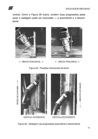 SOLDAGEM MIG/MAG
vertical. Como a Figura 26 ilustra, existem duas progressões pelas
quais a soldagem pode ser executada — a ascendente e a descendente.

Figura 25 - Posições transversais da tocha

Figura 26 - Soldagem nas progressões ascendente e descendente

71

 