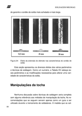 SOLDAGEM MIG/MAG
do garante o cordão de solda mais achatado e mais largo.

Figura 34 - Efeito da extensão do eletrodo nas características do cordão de
solda

Esta seção apresentou os diversos efeitos dos vários parâmetros
e técnicas de soldagem. Como um sumário, a Tabela XV esboça esses parâmetros e as modificações necessárias para alterar uma variedade de características da solda.

Manipulações da tocha
Nenhuma discussão sobre técnicas de soldagem seria completa
sem alguma referência aos métodos de manipulação da tocha. As recomendações que se seguem servem apenas como um guia a ser
utilizado durante o treinamento de soldadores. À medida que os sol80

 