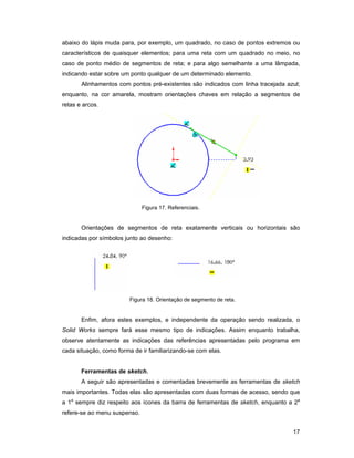 17
abaixo do lápis muda para, por exemplo, um quadrado, no caso de pontos extremos ou
característicos de quaisquer elementos; para uma reta com um quadrado no meio, no
caso de ponto médio de segmentos de reta; e para algo semelhante a uma lâmpada,
indicando estar sobre um ponto qualquer de um determinado elemento.
Alinhamentos com pontos pré-existentes são indicados com linha tracejada azul;
enquanto, na cor amarela, mostram orientações chaves em relação a segmentos de
retas e arcos.
Figura 17. Referenciais.
Orientações de segmentos de reta exatamente verticais ou horizontais são
indicadas por símbolos junto ao desenho:
Figura 18. Orientação de segmento de reta.
Enfim, afora estes exemplos, e independente da operação sendo realizada, o
Solid Works sempre fará esse mesmo tipo de indicações. Assim enquanto trabalha,
observe atentamente as indicações das referências apresentadas pelo programa em
cada situação, como forma de ir familiarizando-se com elas.
Ferramentas de sketch.
A seguir são apresentadas e comentadas brevemente as ferramentas de sketch
mais importantes. Todas elas são apresentadas com duas formas de acesso, sendo que
a 1a
sempre diz respeito aos ícones da barra de ferramentas de sketch, enquanto a 2a
refere-se ao menu suspenso.
 