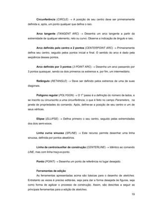 19
Circunferência (CIRCLE) → A posição de seu centro deve ser primeiramente
definida e, após, um ponto qualquer que defina o raio.
Arco tangente (TANGENT ARC) → Desenha um arco tangente a partir da
extremidade de qualquer elemento, reto ou curvo. Observe a indicação de ângulo e raio.
Arco definido pelo centro e 2 pontos (CENTERPOINT ARC) → Primeiramente
defina seu centro, seguido pelos pontos inicial e final. O sentido do arco é dado pela
seqüência desses pontos.
Arco definido por 3 pontos (3 POINT ARC) → Desenha um arco passando por
3 pontos quaisquer, sendo os dois primeiros os extremos e, por fim, um intermediário.
Retângulo (RETANGLE) → Deve ser definido pelos extremos de uma de suas
diagonais.
Polígono regular (POLYGON) → O 1o
passo é a definição do número de lados, e
se inscrito ou circunscrito a uma circunferência; o que é feito no campo Parameters, na
janela de propriedades do comando. Após, define-se a posição de seu centro e um de
seus vértices.
Elipse (ELLIPSE) → Defina primeiro o seu centro, seguido pelas extremidades
dos dois semi-eixos.
Linha curva sinuosa (SPLINE) → Este recurso permite desenhar uma linha
sinuosa, definida por pontos aleatórios.
Linha de centro/auxiliar de construção (CENTERLINE) → Idêntico ao comando
LINE, mas com linha traço-e-ponto.
Ponto (POINT) → Desenha um ponto de referência no lugar desejado.
Ferramentas de edição
As ferramentas apresentadas acima são básicas para o desenho de sketches.
Entretanto as vezes é preciso editá-las, seja para dar a forma desejada às figuras, seja
como forma de agilizar o processo de construção. Assim, são descritas a seguir as
principais ferramentas para a edição de sketches.
 