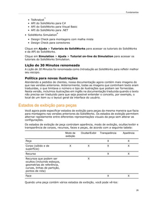 • TolAnalyst
™
• API do SolidWorks para C#
• API do SolidWorks para Visual Basic
• API do SolidWorks para .NET
• SolidWorks Simulation
®
• Design Check para montagens com malha mista
• Design Check para conectores
Clique em Ajuda > Tutoriais do SolidWorks para acessar os tutoriais do SolidWorks
e da API do SolidWorks.
Clique em Simulation > Ajuda > Tutorial on-line do Simulation para acessar os
tutoriais do SolidWorks Simulation.
Lição de 30 Minutos renomeada
A Lição de 30 Minutos foi renomeada como Introdução ao SolidWorks para refletir melhor
seu escopo.
Política para novas ilustrações
Atendendo a pedidos de clientes, nossa documentação agora contém mais imagens do
que nas versões anteriores. Anteriormente, todas as imagens que continham texto eram
traduzidas, o que limitava o número e tipo de ilustrações que podiam ser fornecidas.
Nesta versão, incluímos ilustrações em inglês na documentação traduzida quando o texto
não precisa ser traduzido para que seja possível entender o conceito, por exemplo, o
local de um item ou o layout geral da interface do usuário.
Estados de exibição para peças
Você agora pode especificar estados de exibição para peças da mesma maneira que fazia
para montagens nas versões anteriores do SolidWorks. Os estados de exibição permitem
alternar rapidamente entre diferentes representações visuais da peça sem alterar as
configurações.
Os estados de exibição de peça controlam aparência, modo de exibição, ocultar/exibir e
transparência de corpos, recursos, faces e peças, de acordo com a seguinte tabela:
AparênciaTransparênciaOcultar/ExibirModo de
exibição
XXPeça
XXXXCorpo (sólido e de
superfície)
XXRecurso
XRecursos que podem ser
ocultos (incluindo esboços,
geometrias de referência,
curvas, linhas de partição,
pontos de rota)
XXFace
Quando uma peça contém vários estados de exibição, você pode vê-los:
26
Fundamentos
 