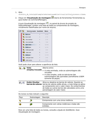 1. Abra
diretório_de_instalaçãosampleswhatsnewassembliesvisualizefood_processor.sldasm.
2. Clique em Visualização de montagem (barra de ferramentas Ferramentas ou
guia Avaliar do CommandManager).
A guia Visualização de montagem , no painel da árvore do projeto do
FeatureManager, contém uma lista de todos os componentes da montagem,
inicialmente classificados por nome de arquivo.
Você pode clicar para alterar a aparência da lista.
Alterna entre:Vista
simples/recuada
/
• A vista aninhada, onde as submontagens são
recuadas
• A vista simples, onde as estruturas das
submontagens são ignoradas (semelhante à BOM
somente de peças)
Ativa ou desativa as barras de valores. Quando as
barras de valores estão ativas, a mais longa se aplica
ao componente com o valor maior. Os comprimentos
de todas as outras barras são calculados como uma
porcentagem do valor maior.
Exibir/Ocultar
barras de valores
/
Os ícones na lista indicam o seguinte:
DescriçãoSubmontagemPeça
Componente com uma única instância.
Componente com várias instâncias e todas são
exibidas.
Para ver uma lista de todos os ícones, consulte a Ajuda do SolidWorks: Guia
Visualização de montagem.
37
Montagens
 
