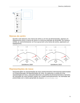 Marcas de centro
Quando você adiciona uma marca de centro a um furo já dimensionado, aparece um
espaçamento entre a marca de centro e a linha de extensão da dimensão. De maneira
similar, se você dimensionar um furo que já tem uma marca de centro, aparecerá um
espaçamento.
SolidWorks 2010SolidWorks 2009
Representações de rosca
Você pode definir as representações de rosca usando tamanhos internacionais padronizados
no PropertyManager de Representação de rosca. Ao selecionar a aresta de uma
representação de rosca, você pode selecionar um padrão de dimensionamento e tamanho.
As chamadas de rosca também podem ser criadas automaticamente. As chamadas são
preenchidas com o texto apropriado do arquivo calloutformat.txt.
70
Desenhos e detalhamento
 