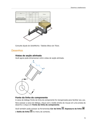 Consulte Ajuda do SolidWorks: Tabelas Bloco de Título.
Desenhos
Vistas de seção alinhada
Você agora pode dimensionar entre vistas de seção alinhada.
Fonte da linha do componente
A caixa de diálogo Fonte da linha do componente foi reorganizada para facilitar seu uso.
Para acessar a caixa de diálogo, clique com o botão direito do mouse em uma aresta do
desenho e clique em Fonte da linha do componente.
Você também pode acessar as ferramentas Cor da linha , Espessura da linha
e Estilo de linha no menu de contexto.
76
Desenhos e detalhamento
 